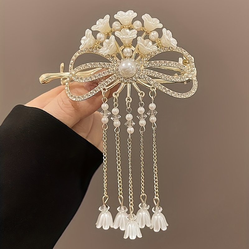Vintage Elegant Alloy Hair Clip with Tassel and Bow Design, Single Piece Floral Hairpin with Matching Decorative Accessory