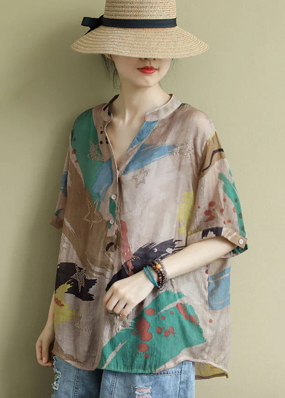Bohemian V Neck Print Button Shirt Tops Half Sleeve