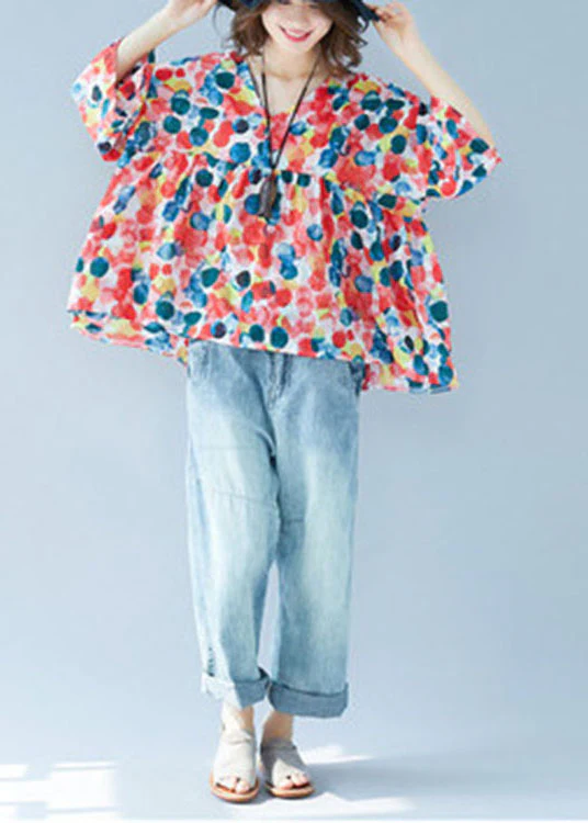 Plus Size flare Sleeve V Neck Patchwork Print Fall Blouse Tops